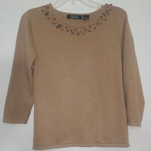 Crystal Kobe Sweater Brown Beaded Crew Neck Jasper Pearl Embellished Sz 3/4